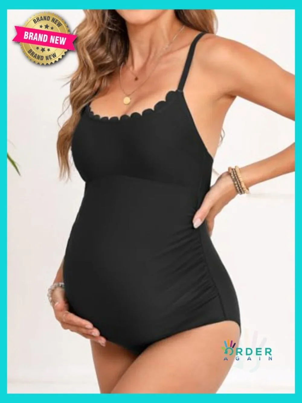 Scoop Neck Maternity Swimsuit Scalloped Lace Up Back Criss Cross Tie One Piece